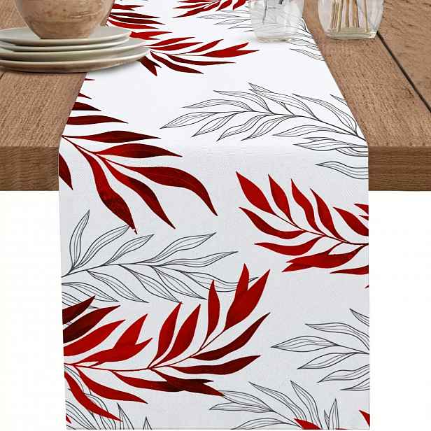 TEMU 1ks Geometrické Stůl Runner - Lén, Současný Minimalistický Červený A Černý List Design, Perfektní Pro Kuchyň, Jídelnu, Svatební Hostiny, Kávové
