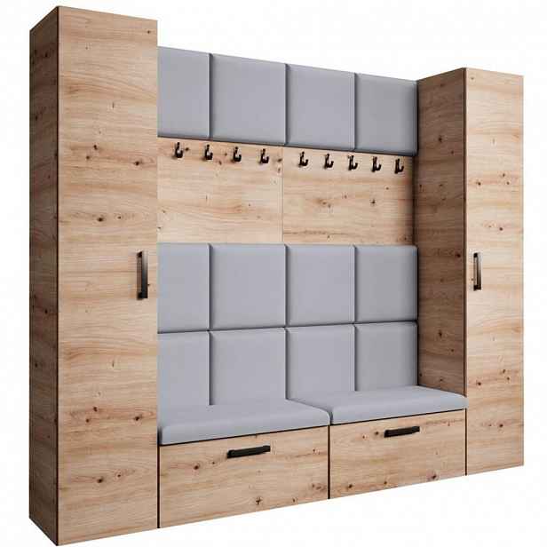 Beautysofa PŘEDSÍŇOVÁ sestava Margaret XL 242/203/43 s čalouněnými panely a botníkem, dub artisan