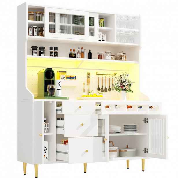 OKWISH BOČNÍ skříň 145/39/171 cm bílá z MDF, skla a kovu s LED osvětlením a výsuvným vinným regálem