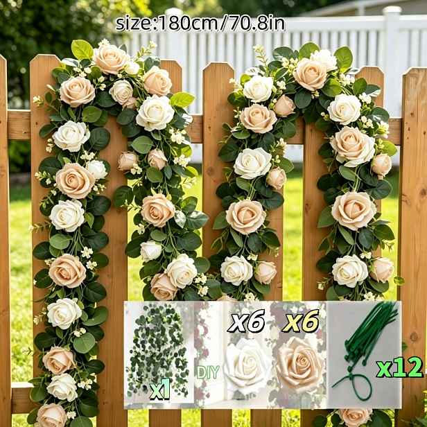 TEMU 25 ks Luxusní velký umělý květinový věnec, 6 šampaňských růží + 6 bílých růží + 12 stahovacích pásek + 1 eukalyptus, měkká silná věrohodná