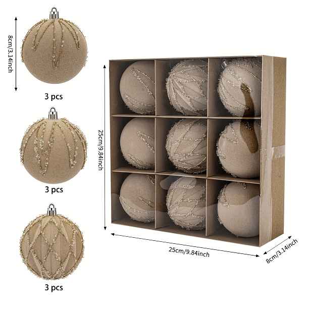 TEMU 9 ks Vánoční koule ozdoby 1 krabička 8 cm / 3,14 palce hnědé flokováni Vánoční stromek dekorace závěsné koule, vhodné pro vánoční dekoraci,