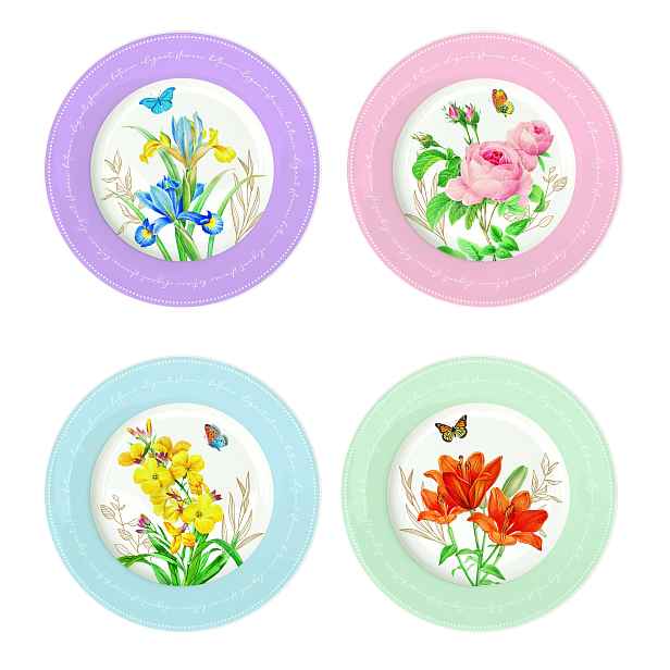 Dezertní talířek 4ks porcelánová sada s barevnými květy 16 cm