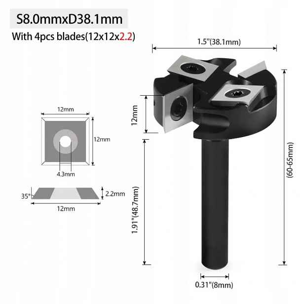Zarovnávací fréza dřeva s vyměnitelnými destičkami průměr 38,1 mm x 8 mm 4 zuby