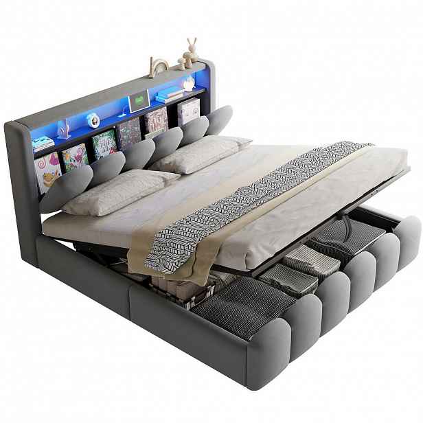 Redom ČALOUNĚNÁ postel 180/200 cm s LED osvětlením, USB a Type-C porty, hydraulickým úložným prostorem a úložným prostorem v čele, Šedá
