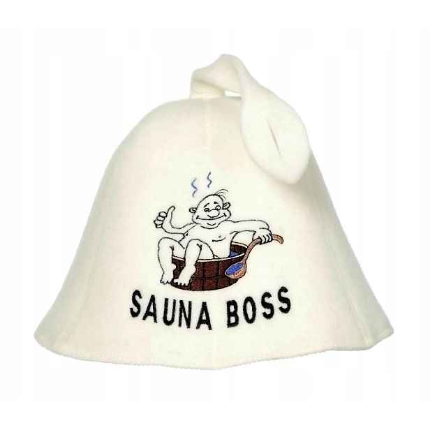 Saunová čepice ze 100% přírodní vlněné plsti s výšivkou "Sauna Boss"