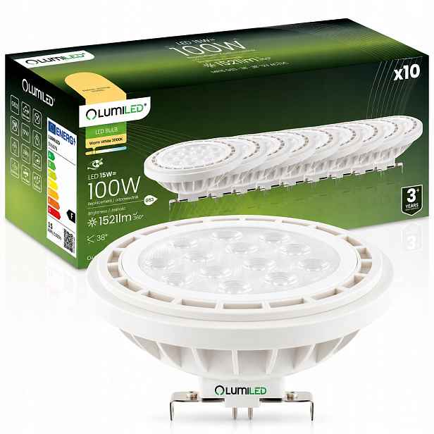 10x Led žárovka G53 AR111 15W 100W 1521lm 3000K 38° 12V Lumiled