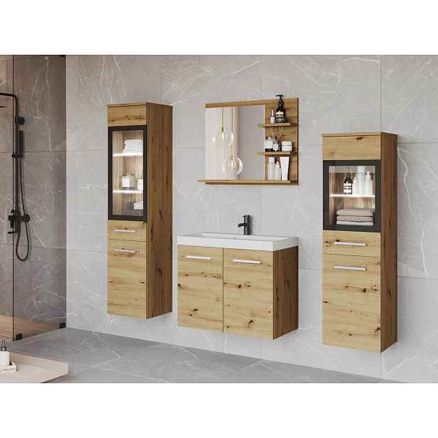 Koupelnová stěna s umyvadlem a bílým LED osvětlením YUKO 1 - dub artisan + sifon a baterie MARO