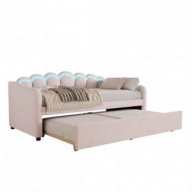 Redom POSTEL 90/200 cm s výsuvným lůžkem, LED osvětlením a minimalistickým stylem, Růžová
