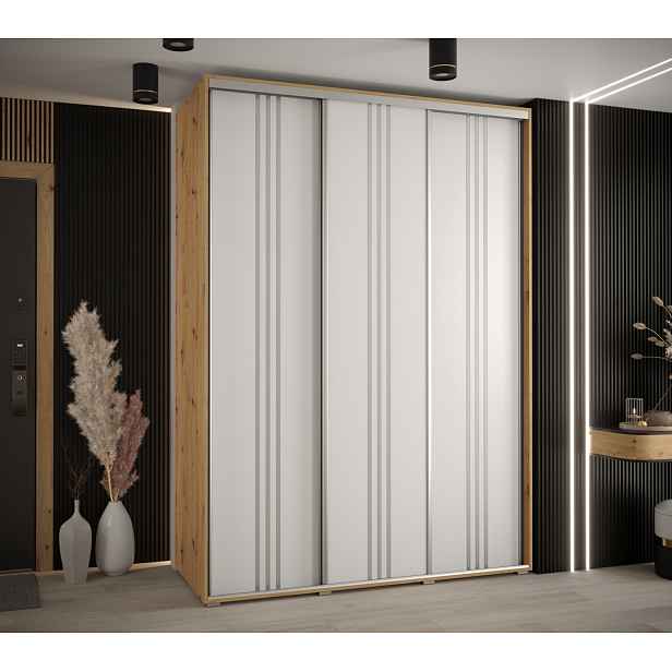 Šatní skříň YVONA 6 - 180/60 cm, dub artisan / bílá / stříbrná
