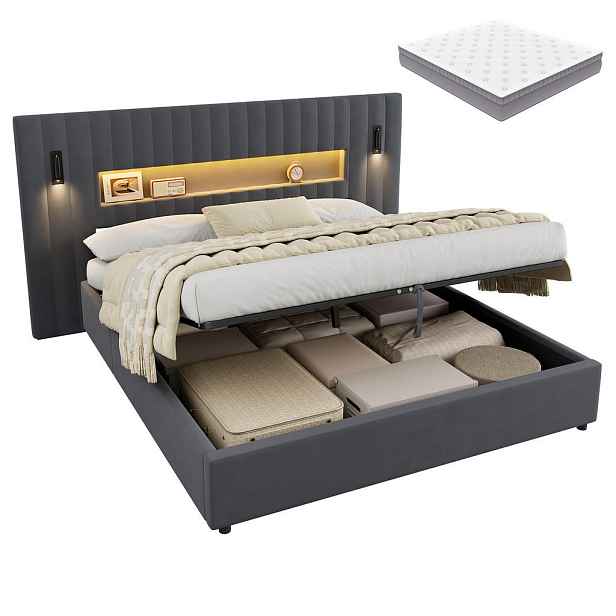 STILVORA ČALOUNĚNÁ POSTEL 140 × 200 cm s matrací, úložným prostorem, lampičkou na čtení a USB, šedá, sametový potah