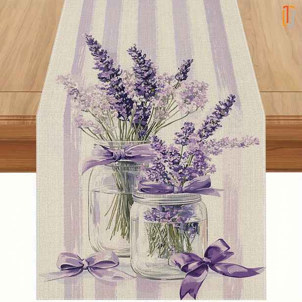 TEMU 1ks Modern Minimalist Lavender Mason Jar Table Runner - Polyester, Pravý, Ideální pro Dekoraci Kuchyně a Jídelny, Perfektní pro Valentýna,