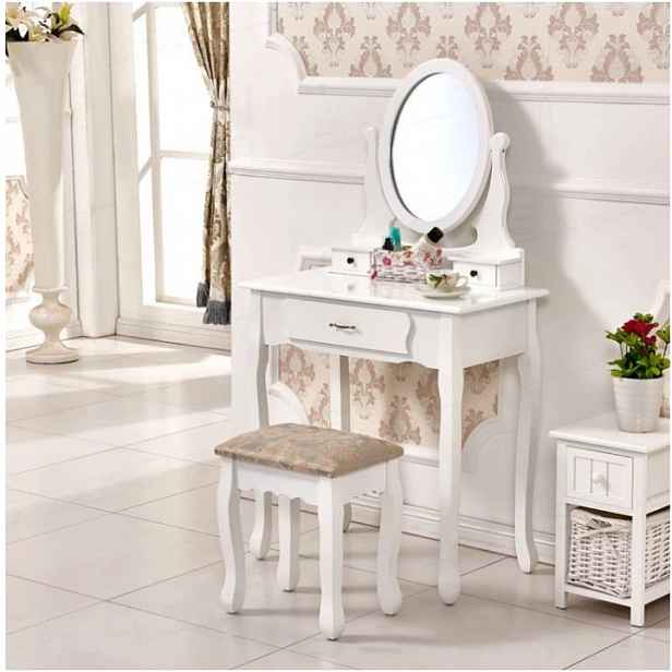 Toaletní stolek s taburetem, bílá / stříbrná