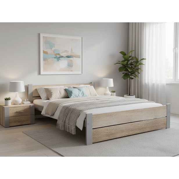 Postel IKAROS DOUBLE 160 x 200 cm, dub sonoma/šedá Rošt: S laťkovým roštem, Matrace: Matrace Coco Maxi 20 cm
