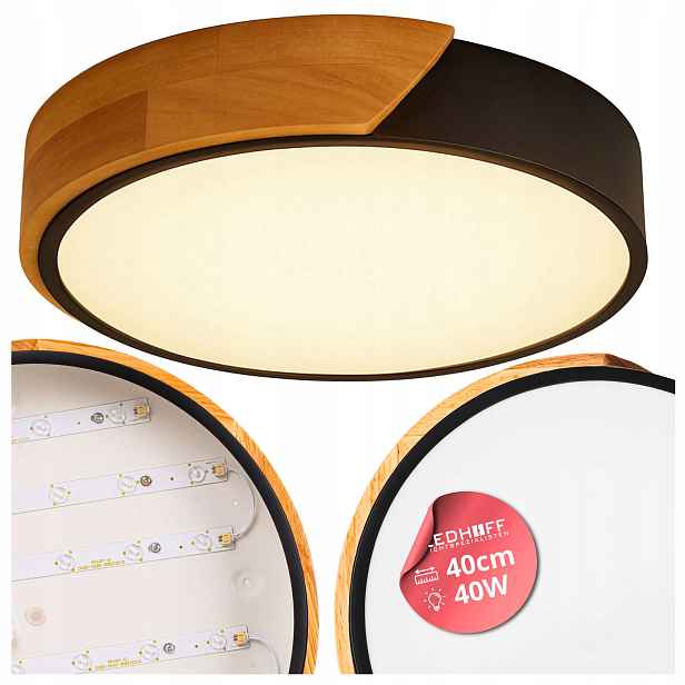 Stropní Svítidlo Led Stropní svítidlo Přírodní Dřevo ocel 40 cm 40 W Černá kulatý
