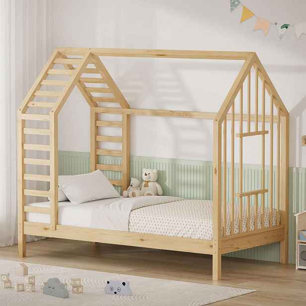 ML-DESIGN DĚTSKÁ POSTEL 80x160 cm s lamelovým roštem, střechou a oknem – postel ve tvaru domečku z masivního borovicového dřeva v přírodní barvě