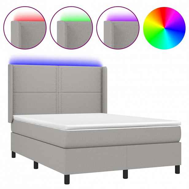 vidaXL Box spring postel s matrací a LED světle šedá 140x200 cm textil