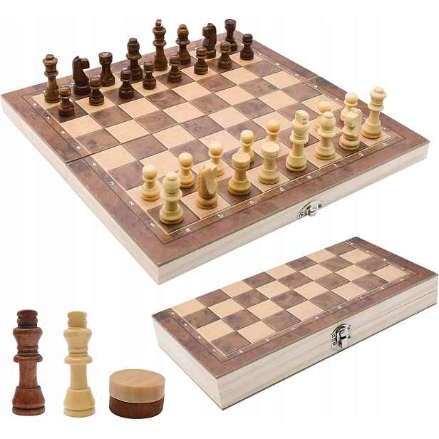 Dřevěné Šachy 3V1 Šachy Vrhcáby Skládací Cestovní Triktrak 29 cm