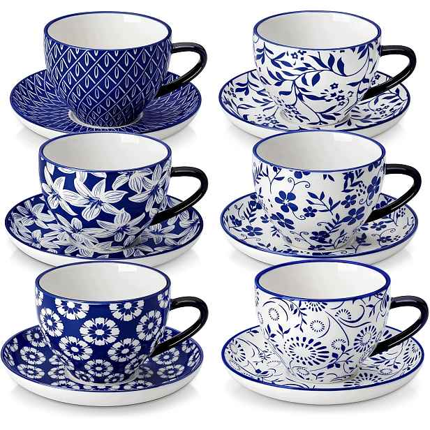 Hrnky Na Kávu 6 Ks 230 ML Porcelánové Vintage S Podšálky