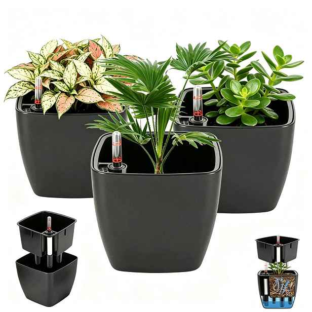 Květináč s automatickým zavlažováním 17.5 cm, čtvercový, černý, sada