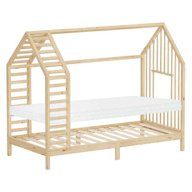 ML-DESIGN DĚTSKÁ POSTEL 90 x 200 cm s matrací, lamelovým roštem a střechou, postel ve tvaru domečku z masivního borovicového dřeva, přírodní