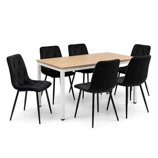 Loftový stůl s židlemi 120x60 Dub Sonoma 6 čalouněných černých židlí