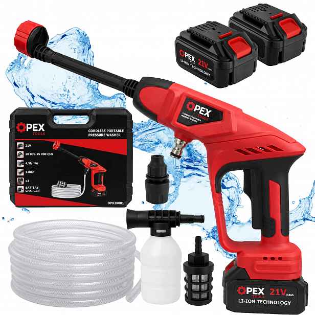 Opex Tools 28001 Akumulátorová tlaková myčka 21 V, 12 bar, 2x 3 Ah