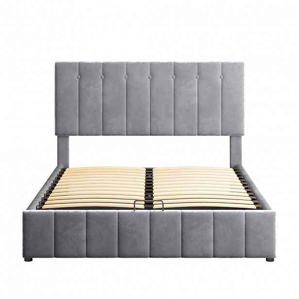 OKWISH ČALOUNĚNÁ postel 140/200 cm šedá z sametu s úložným prostorem a nastavitelným čelem