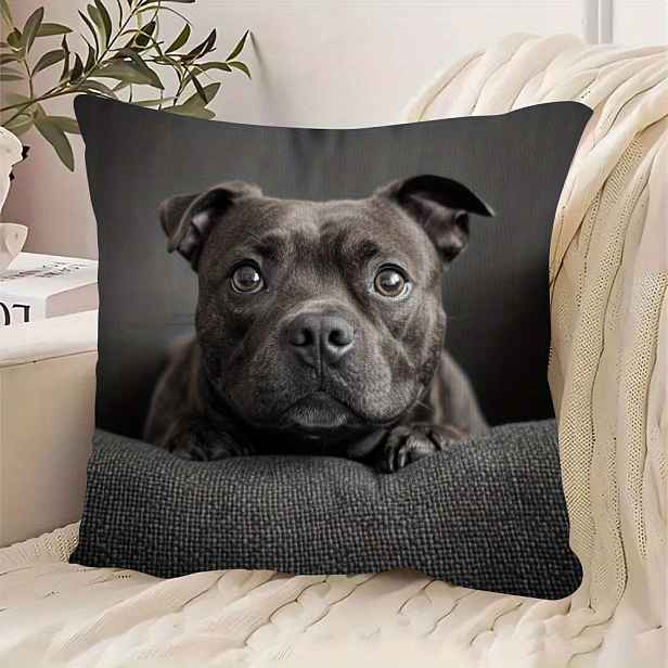 TEMU 1 ks: Tento domácí povlak na polštář s "Láska jsou čtyři nohy a vrtící " se Staffordshire Bull Terrierem, o rozměrech 45,72 cm x 45,72 cm.
