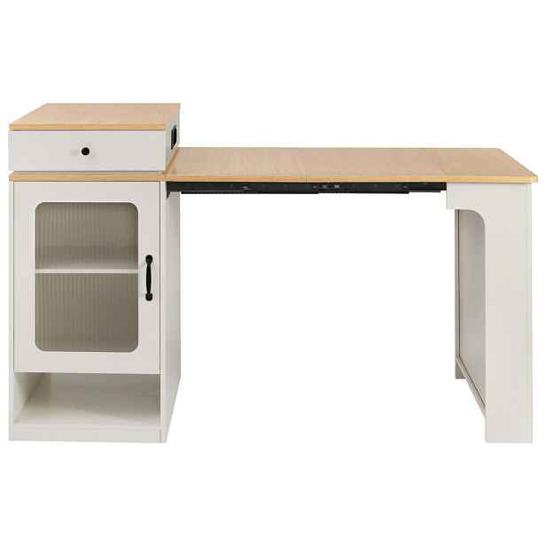 EVRYAE KUCHYŇSKÝ OSTRŮVEK Výsuvná, moderní, se zásuvkami, USB, drážkované sklo, zásuvka, bílá, dřevo, 2-4 osoby 140/80 cm
