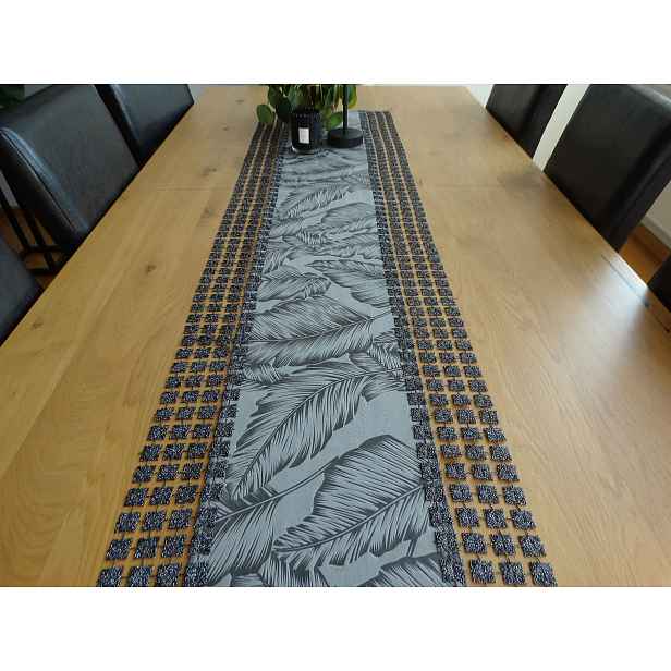 Mg Běhoun premium Velvet Listy šedá guipure Černá Stříbro 40x240 šitý