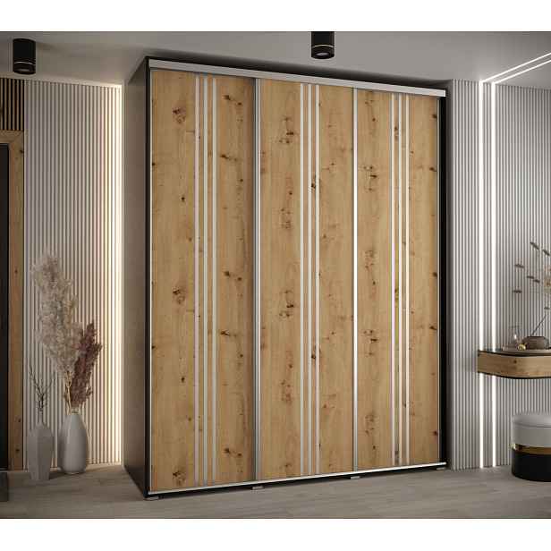 Šatní skříň YVONA 6 - 190/60 cm, černá / dub artisan / stříbrná