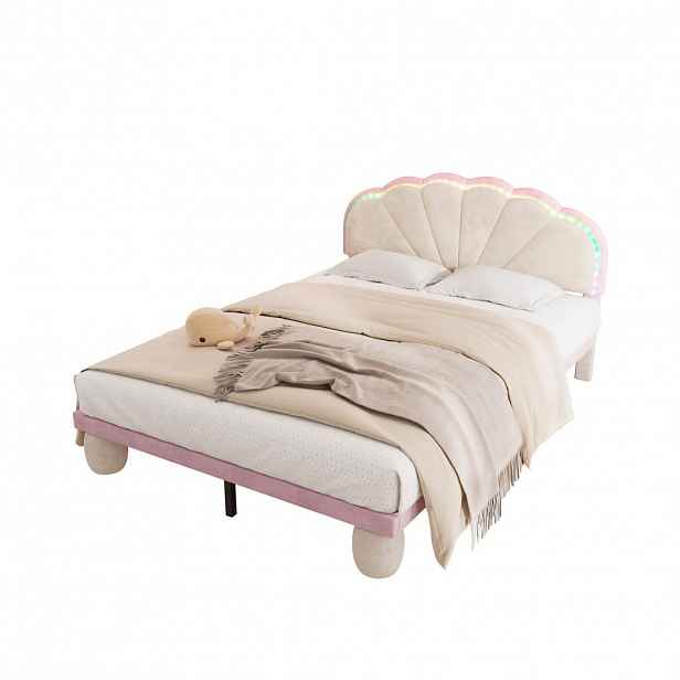 OKWISH ČALOUNĚNÁ postel 140/200 cm béžová a růžová ze sametu s LED osvětlením