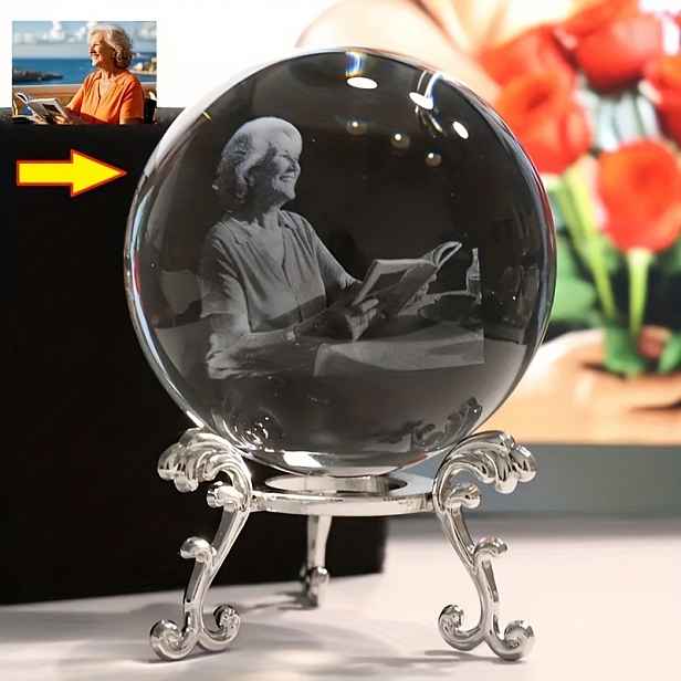 TEMU 1 Personalizovaná laserem 3D gravírovaná křišťálová koule s nádhernou základnou - Křišťálová koule pro domácí/kancelářskou dekoraci,