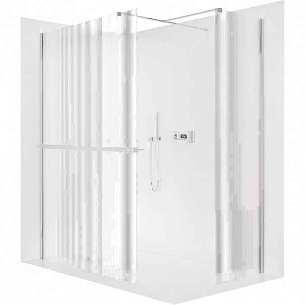 Sprchová zástěna Walk-in Onyx T L/P - 8 mm - hranatá vzpěra + polička/držák na ručníky - chrom, rýhované sklo - 120x110x200 cm