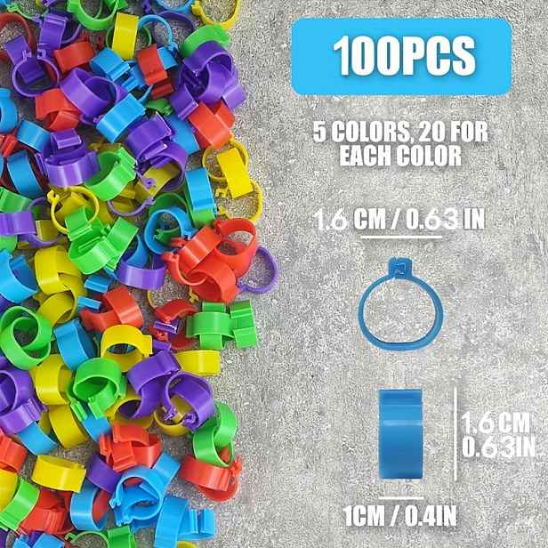 TEMU 100ks Barevných Pásků na Kuřecí Nohy - 16mm Klipové Identifikační Kroužky pro Drůbež, Odolný Plast, Snadné Použití pro Farmáře & Městské