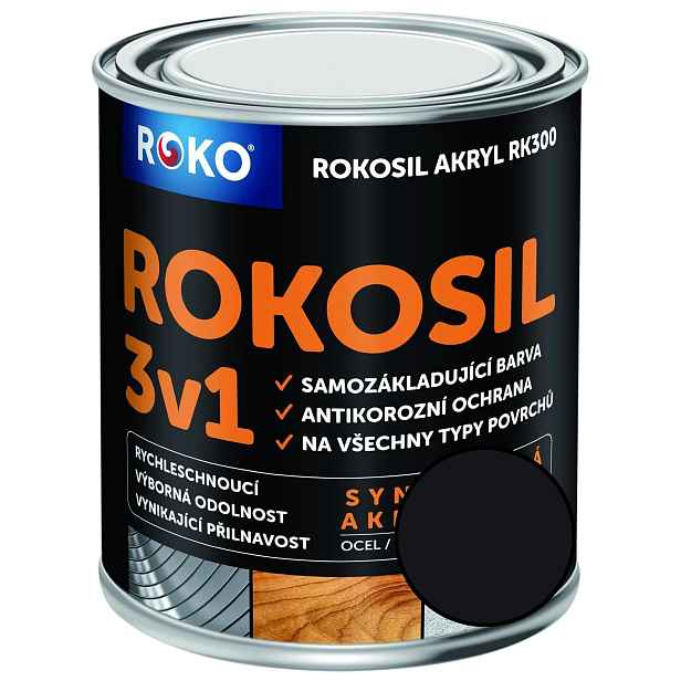 Barva samozákladující Rokosil akryl 3v1 RK 300 1999 černá, 0,6 l