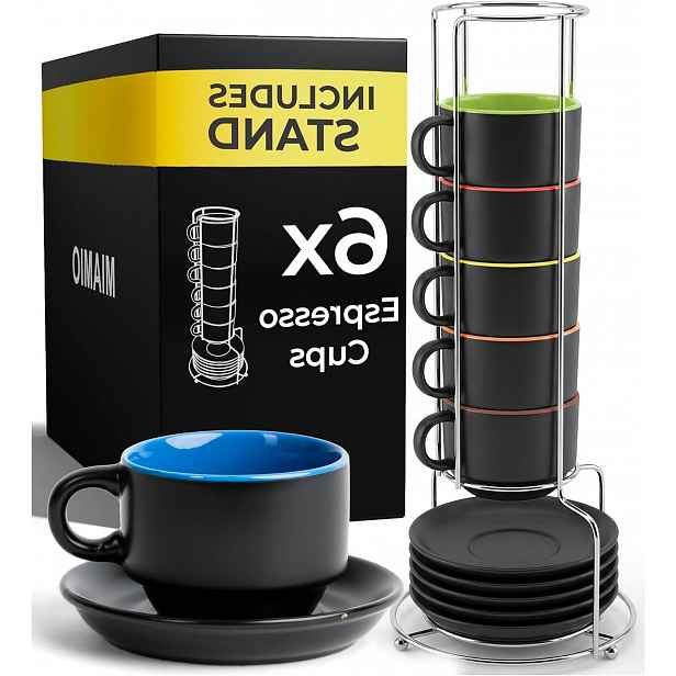 Sada 6 Šálků Na Espresso 75 ML Kamenina Černá