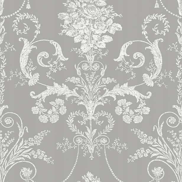 Šedá Tapeta Na Flizelině, Bílý Vzor, Rostlinné Ornamenty