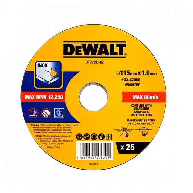 DeWALT - Sada řezných kotoučů na nerezovou ocel 115x22,23 mm, 25 ks DT20593