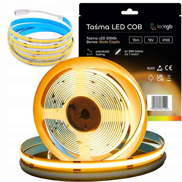 Led páska Neon Cob 12V 10 m 480 diod 3000K Bílá Teplá Homogenní 8MM