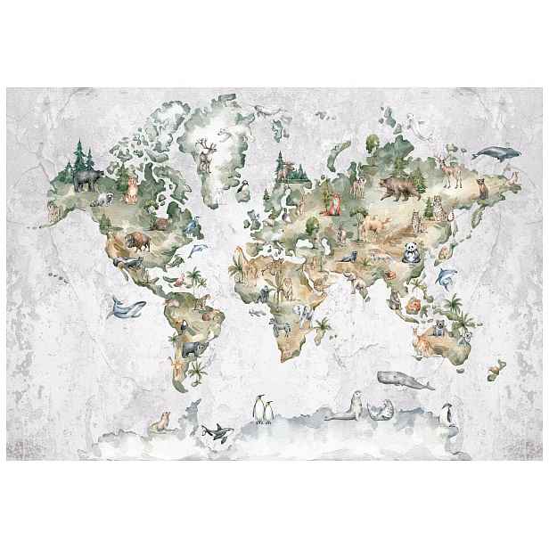 Vliesová fototapeta Mapa světa akvarel zvířata rostliny 208x146 lepidlo