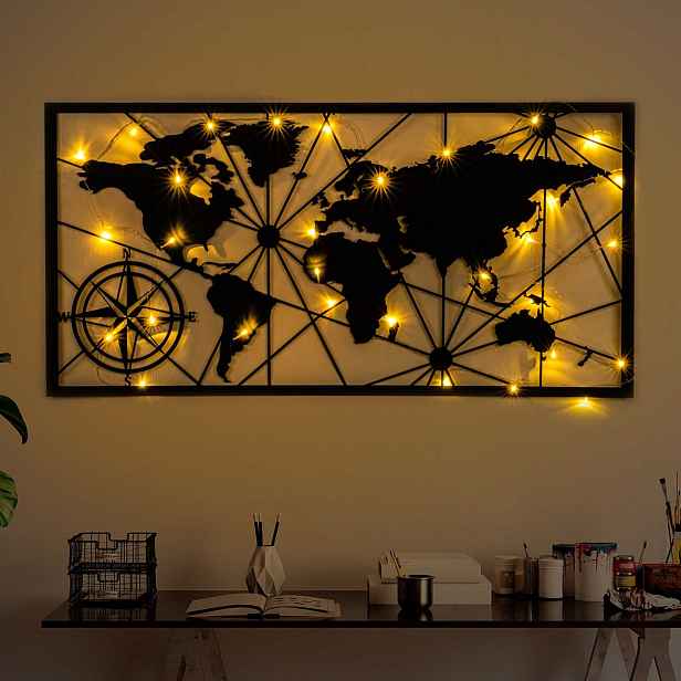 Wallity Nástěnná kovová dekorace World Map Led 452 černá