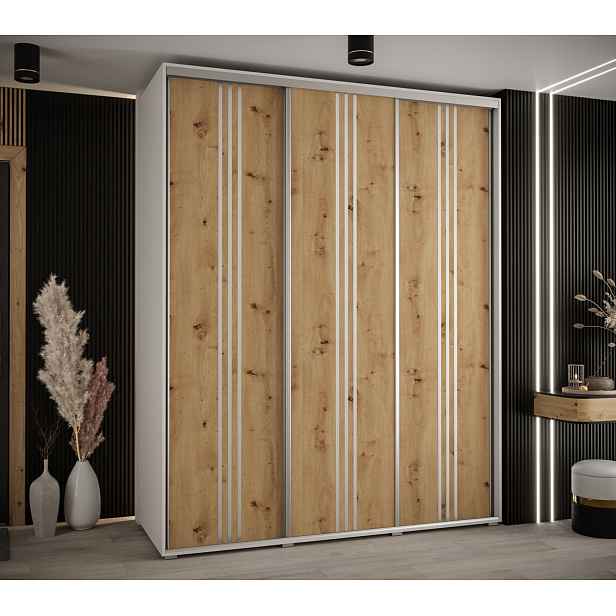 Šatní skříň YVONA 6 - 200/60 cm, bílá / dub artisan / stříbrná