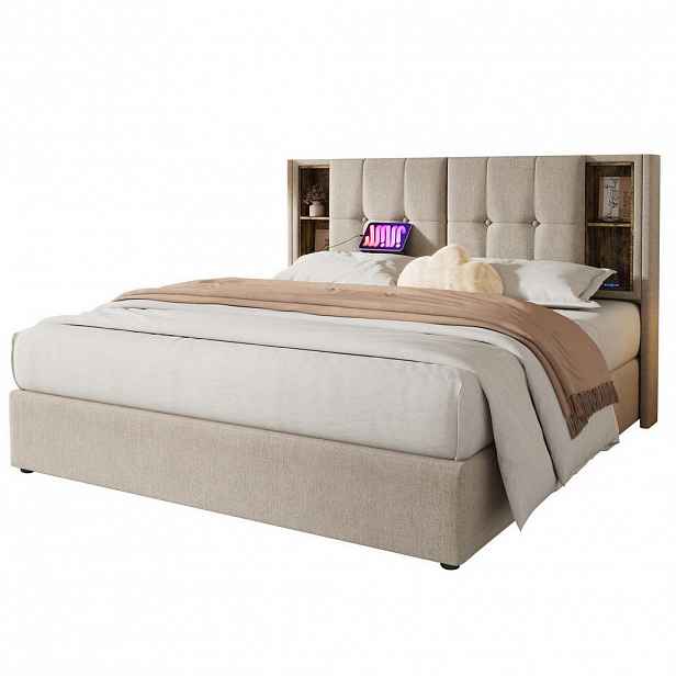 Redom ČALOUNĚNÁ postel 160x200 cm s bezdrátovým nabíjením, USB a úložným prostorem, Přírodní