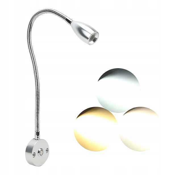 Led Lampa Na Zeď Pro Čtení Nastavitelná Kovová 3W Vypínač Stříbrná