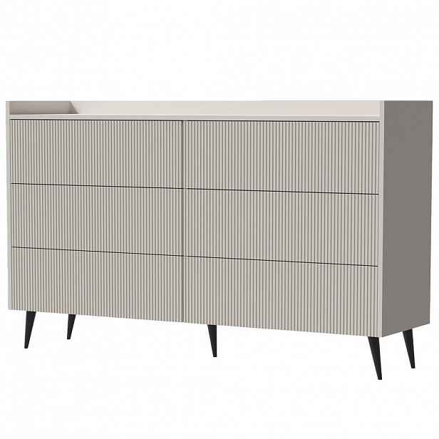 Beautysofa KOMODA Amfali se 6 zásuvkami, drážkovaná čela, systém Push-to-open, kovové nohy, 150 cm, kašmír