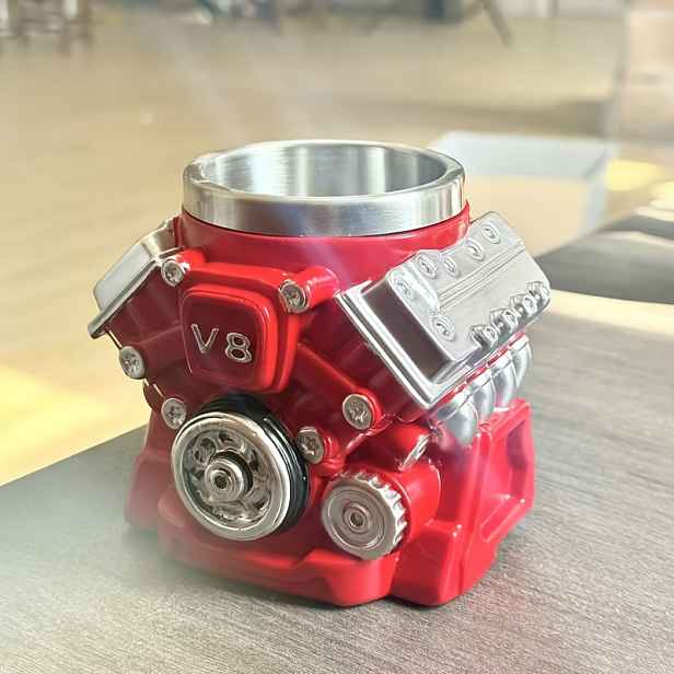 TEMU červená hrnek na kávu, nový hrnek s V8, hrnek s , nerezová ocelová vložka, pryskyřicový materiál