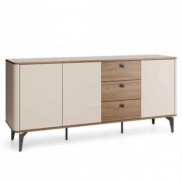 Beautysofa KOMODA Aurora se 3 dveřmi a 3 zásuvkami, kovové nohy, 180 cm, ořech + kašmír