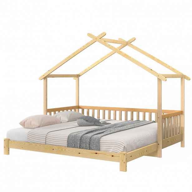 Redom DĚTSKÁ postel 200/90-200/180 cm s výsuvnou funkcí, domečkovým rámem a třístranným zábradlím, Přírodní