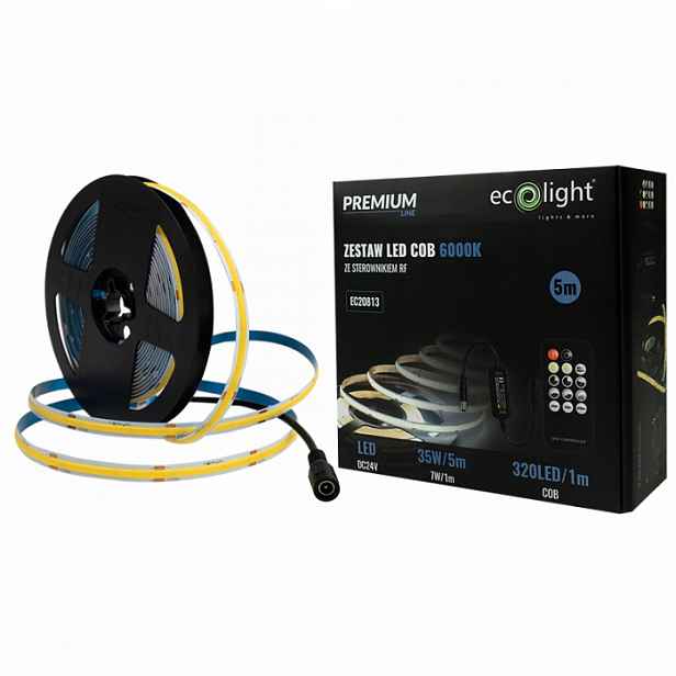 Led pásek Cob 7W/m 630lm/m 320LED/m 24V Studený 5m napájecí adaptér Dálkový Ovladač